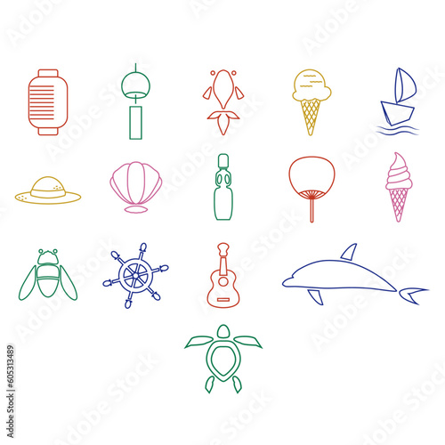 夏に使う線画のアイコンイラストセット