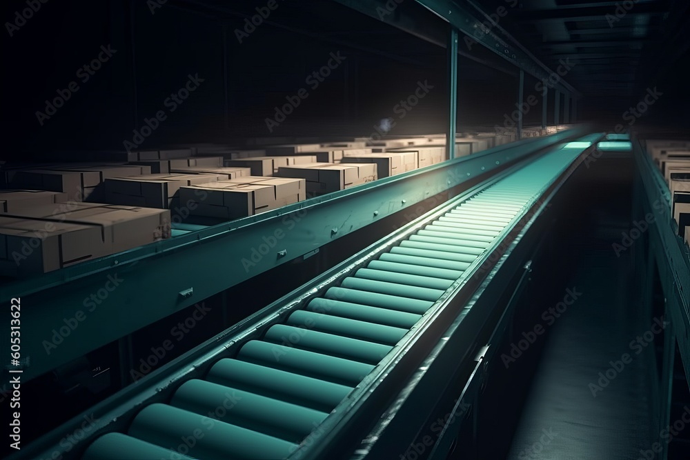 Conveyor belt transporting cardboard boxes in a warehouse, forming an ...