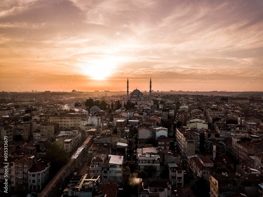 Beautiful sunset view over an urban skyline in Istanbul, Turkey