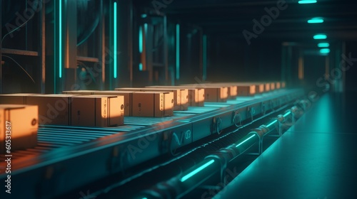 Cardboard boxes flowing on a conveyor belt within a warehouse  forming an automated production line. Depicts logistics and shipment. Created by AI
