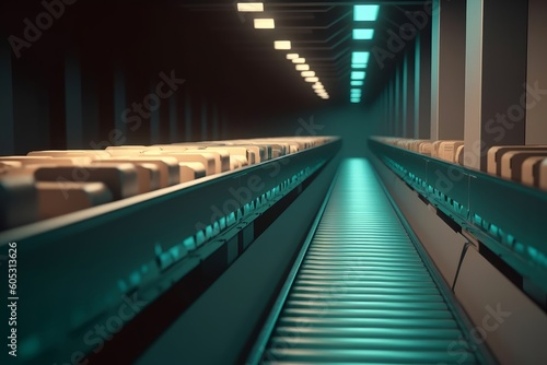 Conveyor belt in warehouse, transporting cardboard boxes along an automated production line. Illustrates logistics and shipment. Created by AI. photo