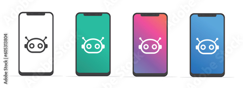 Chatbot on the phone, chat with the robot on the screen. Set on white background. Vector illustration