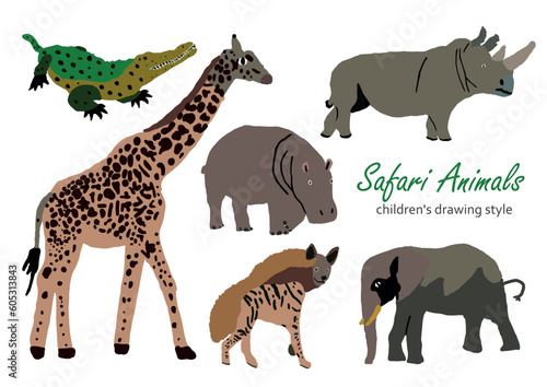 Vector illustration of cute wild safari African animals. Including giraffe  elephant  hyena  crocodile  hippo  rhinoceros Funny cartoon doodle characters in scandinavian style. Kids