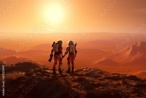 AI generated image of couple walking on Mars Generative AI