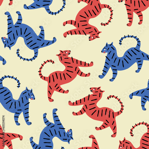 Fototapeta Naklejka Na Ścianę i Meble -  Asian tigers hand drawn vector illustration. Funny colorful animal seamless pattern for kids fabric or wallpaper.