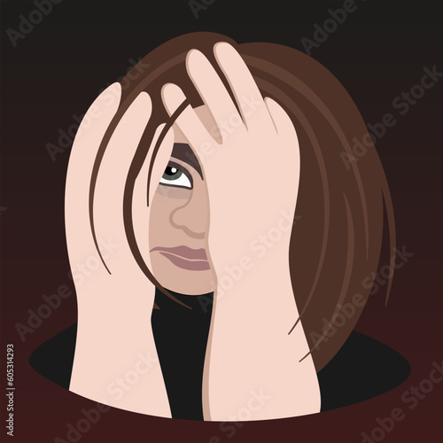 Despair. Young sad woman clutching head. Headache and depression.
