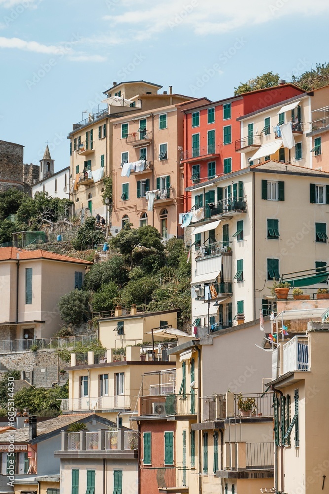 Outdoor view of residential buildings in the town of Riomaggiore, Cinque Terre in Italy