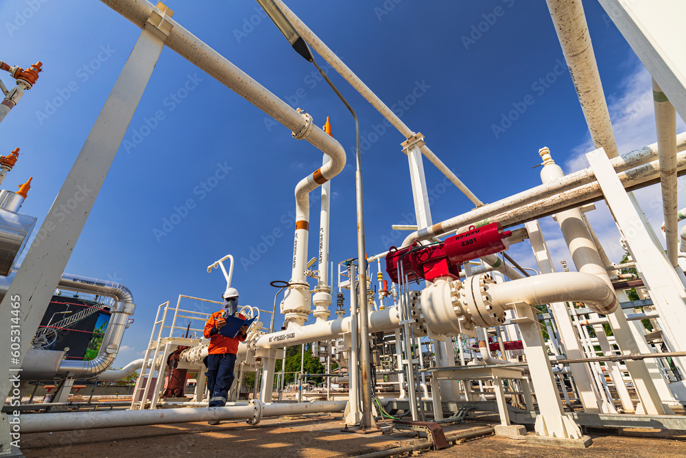 Naklejka premium Male worker inspection at valve of visual check record pipeline oil and gas