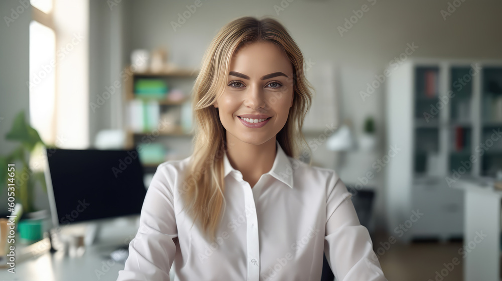 Beautiful smiling woman in white shirt sitting at her work desk. Generative Ai Illustration.