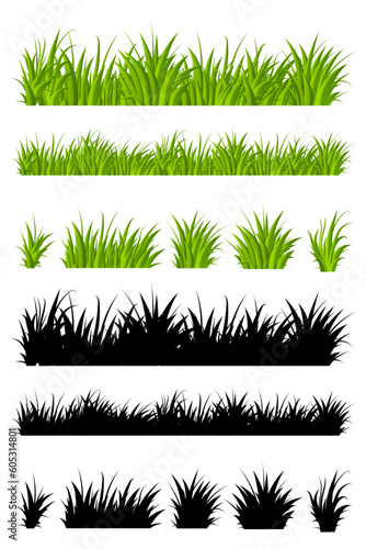 Green grass collection. Set of spring green grass horizontal borders. Meadow natural green herbal. Spring or summer plant leaves. Vector illustration