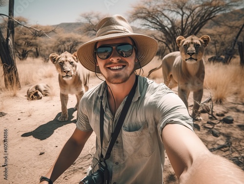 Urlaub in Afrika, glückliche Mann mit Selfie am Löwe, generative AI.