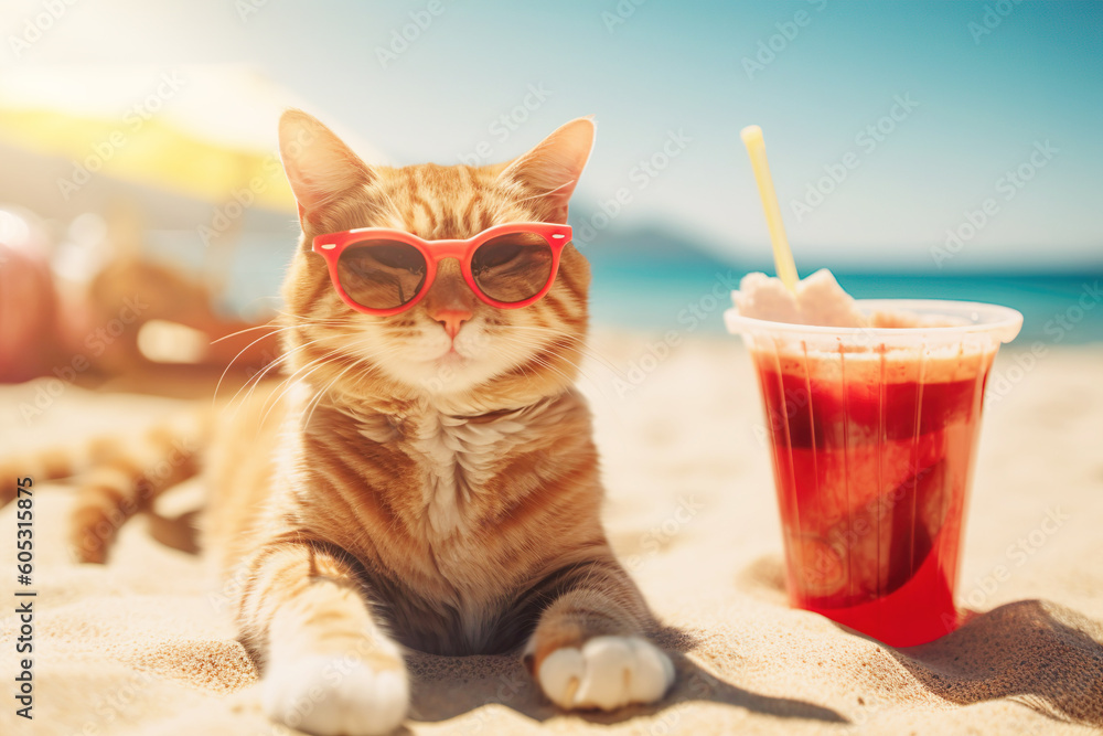 AI generated image of a cat on the beach Generative AI - obrazy, fototapety, plakaty 