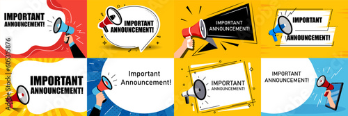 Megaphone with Important Announcement. Vector flat. Mega set 8 in 1