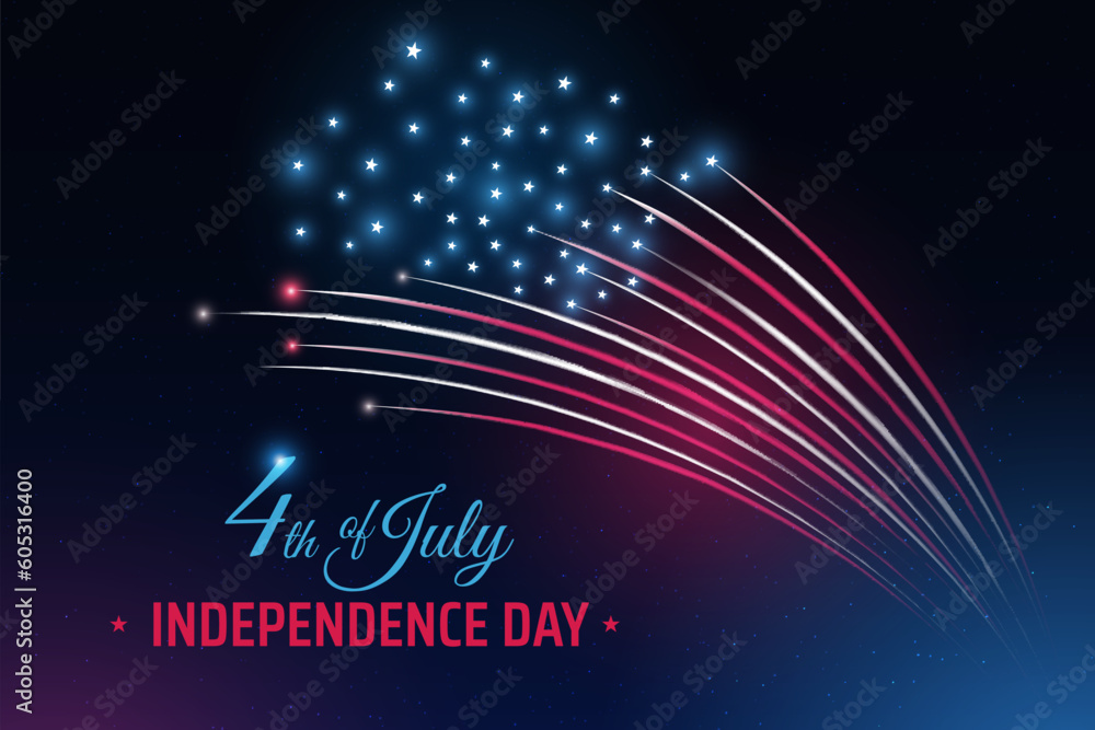 Banner 4th of july usa independence day, template with american colorful fireworks on dark sky background. Fourth of july, USA national holiday. Fireworks US flag. Vector illustration, poster - obrazy, fototapety, plakaty 