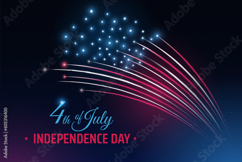 Banner 4th of july usa independence day, template with american colorful fireworks on dark sky background. Fourth of july, USA national holiday. Fireworks US flag. Vector illustration, poster