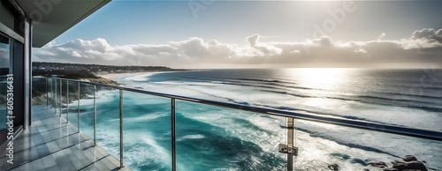 AI generative panoramic image of crashing waves seaview from the terrace of modern house © skumer