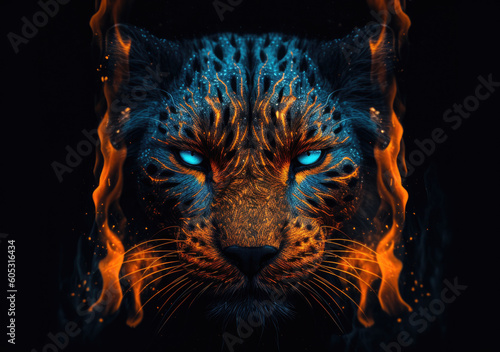 Demonic portrait of a cat with fiery eyes. AI generated