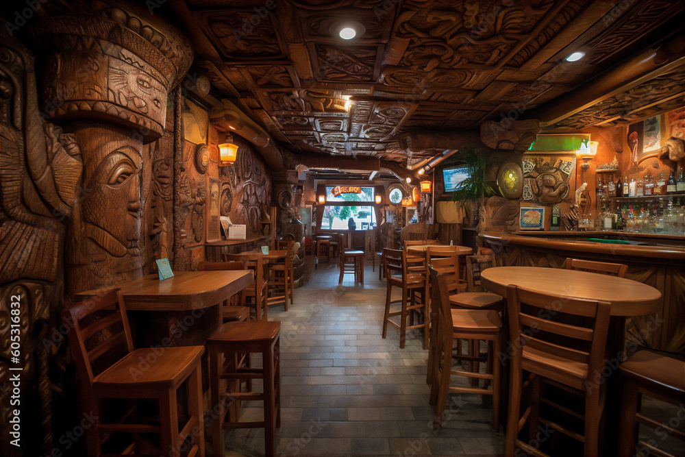AI generative image of the interior of themed Tiki Bar with its polynesian culture.