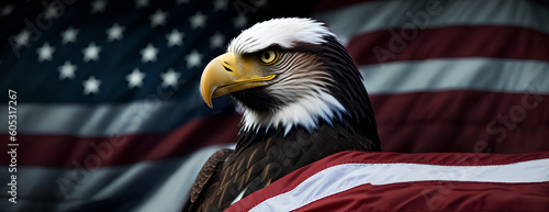 Close up photo of Eagle and American flag on background Independence day banner Generative AI