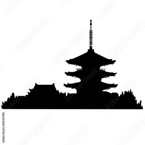 日本のお寺の五重塔のイラスト素材　シエルエット　ベクター