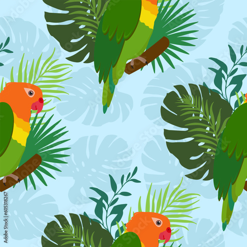 Mako parrots with green palm leaves on a blue background. Vector seamless pattern. Tropical illustration with birds and plants.