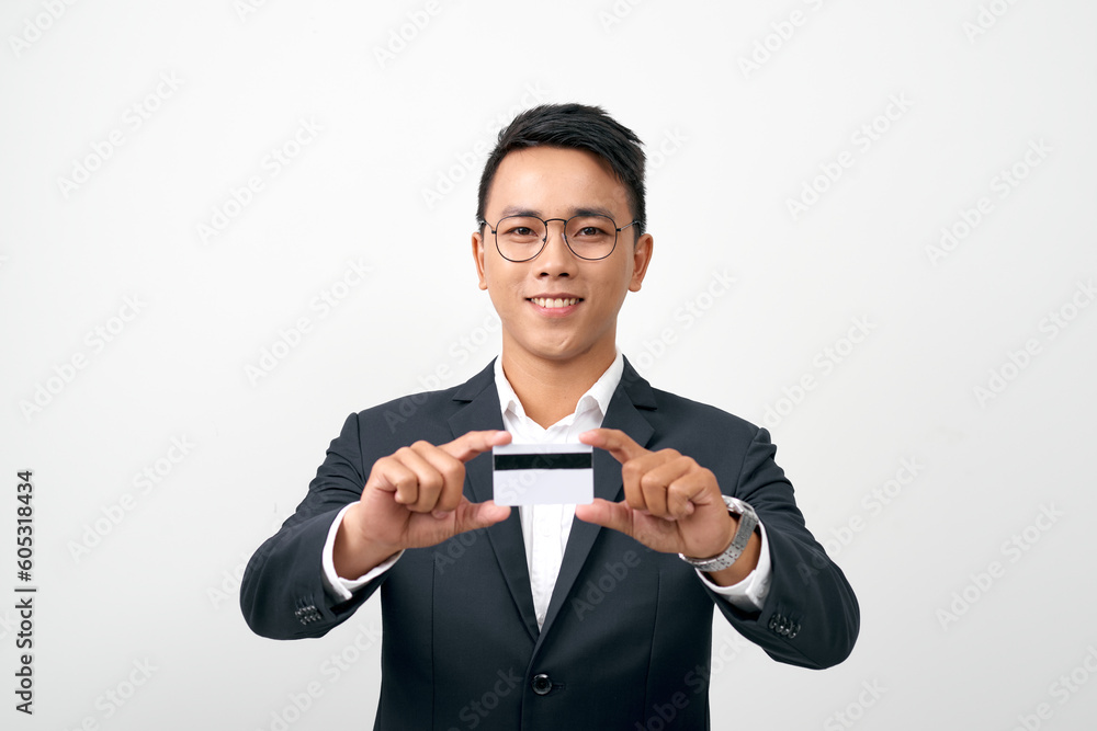 Business man giving a blank card isolated on white background Business man giving a blank card isolated on white background
