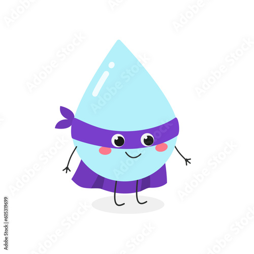 Funny cartoon water drop super hero character