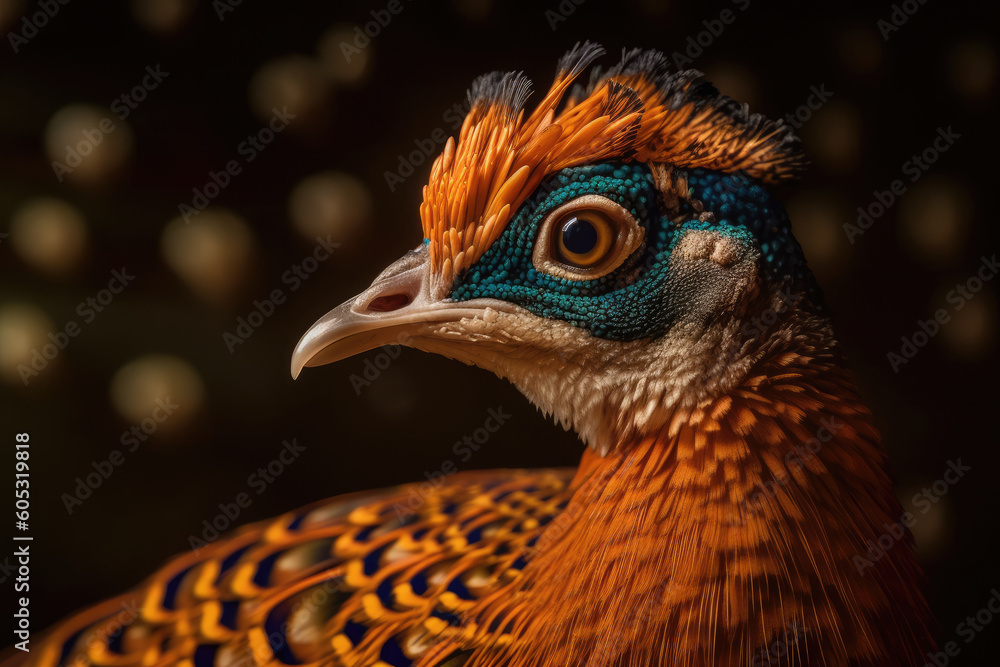 Orange unusual peacock with patterns on feathers. Generative AI.