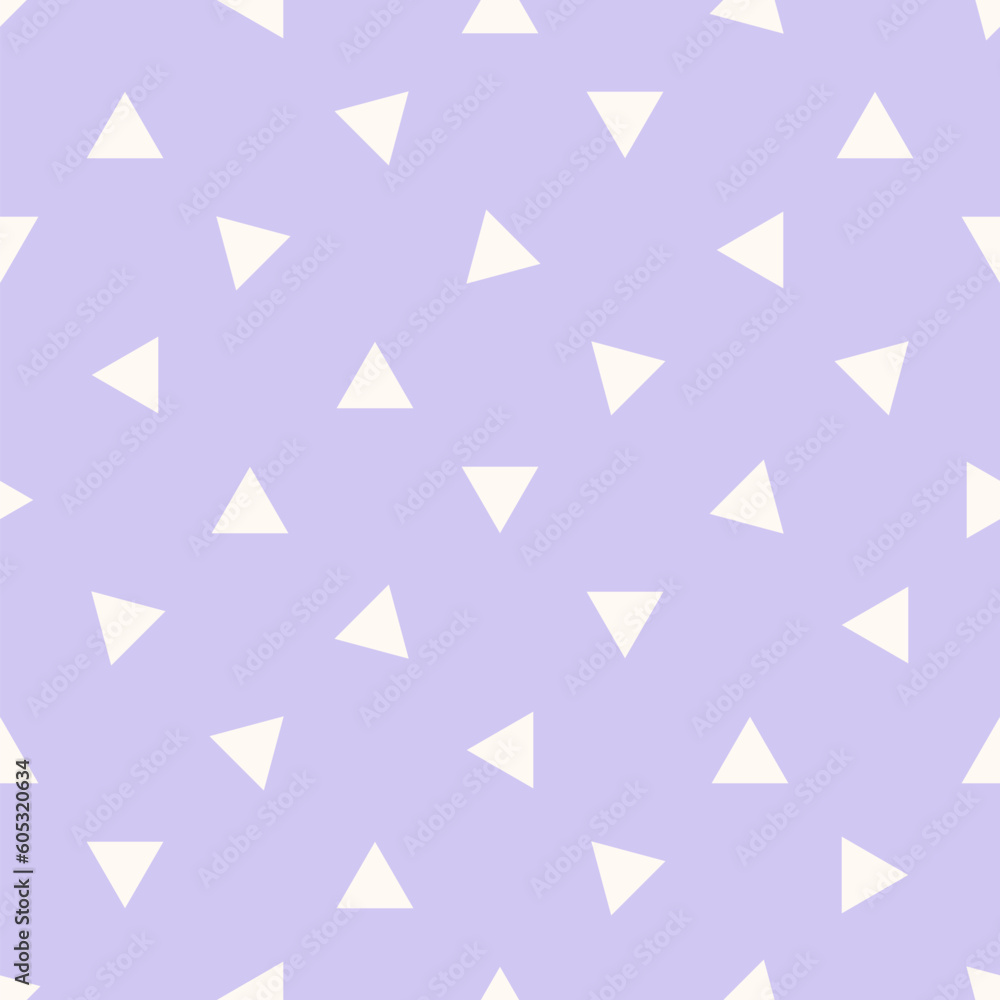 Vector minimalist geometric texture with small white triangles on lilac backdrop. Funky modern seamless pattern. Simple abstract cute minimal background. Repeat funny summer design for kids, babies Vector minimalist geometric texture with small white triangles on lilac backdrop. Funky modern seamless pattern. Simple abstract cute minimal background. Repeat funny summer design for kids, babies