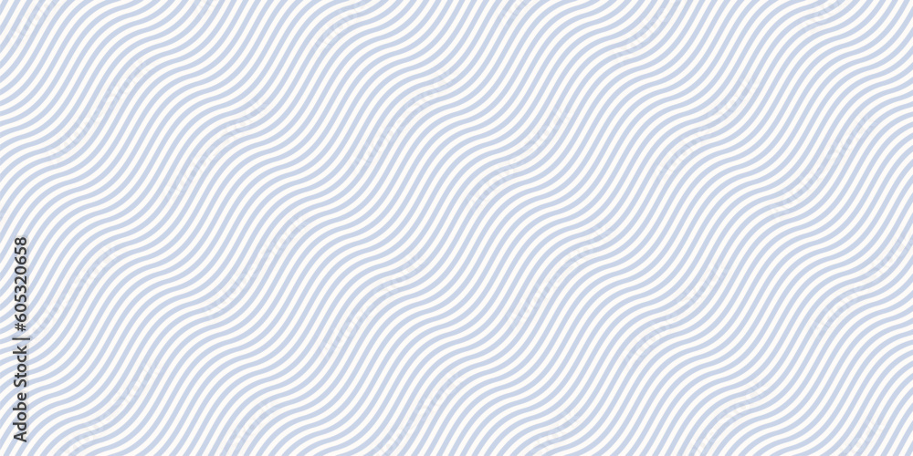 Simple blue and white curvy wavy lines pattern. Vector seamless texture with thin diagonal waves, stripes. Modern abstract minimal background, optical illusion effect. Repeating decorative geo design
