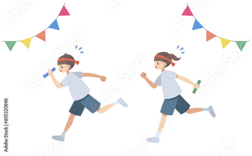 運動会のリレー選手の男の子と女の子