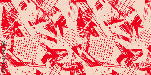Abstract retro grunge seamless pattern. Urban art texture with paint splashes, chaotic shapes, lines, dots, patches. Sport graffiti style vector background. Red and beige color. Repeat sporty design