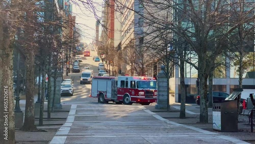 Fire Engine is on Call in Downtown Halifax Canada. Fire Truck With Flashing Lights and a Siren Rides a 911 Call. Firefighting and Victim Assistance Canada, Halifax 8. May. 2023.