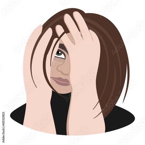 Despair. Young sad woman clutching head. Headache and depression. Vector isolated illustration.