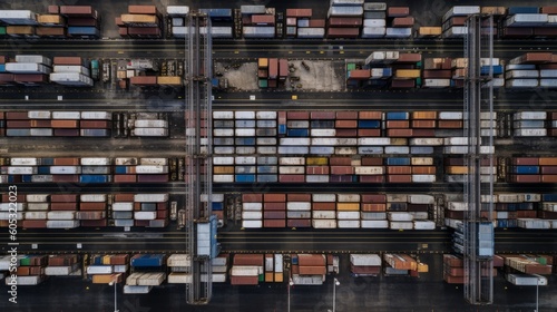 Overhead view of shipping containers, tightly stacked, forming an organized and efficient storage system. AI-generated.