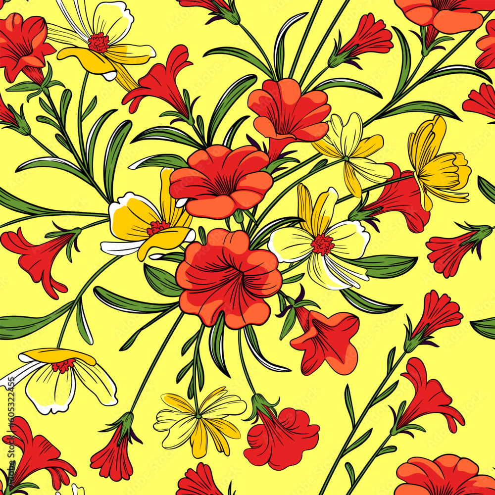 Hand drawn seamless pattern with beautiful garden flowers and leaves on light canary background. Vector illustration, retro style.
