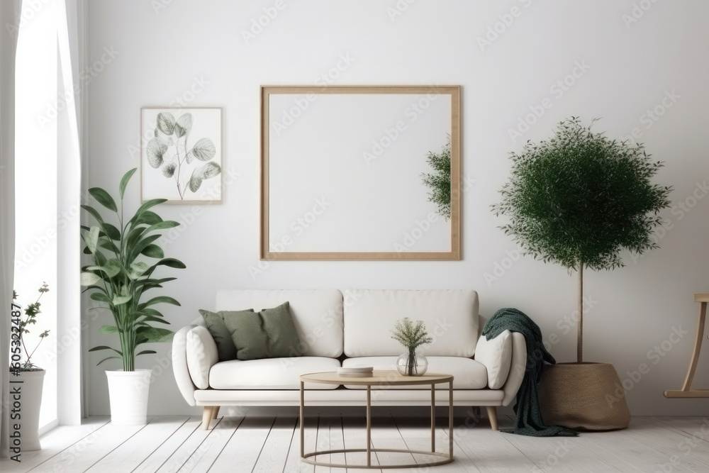 Add a touch of elegance to your home with this stunning modern living room featuring a white couch, green potted plants, and a mockup frame on the wall. AI Generative. Add a touch of elegance to your home with this stunning modern living room featuring a white couch, green potted plants, and a mockup frame on the wall. AI Generative.