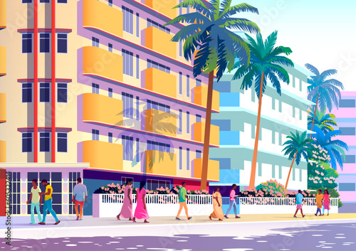 Street scene with people, traditional houses, palms, trees and flowers. Handmade drawing vector illustration. Retro style poster.