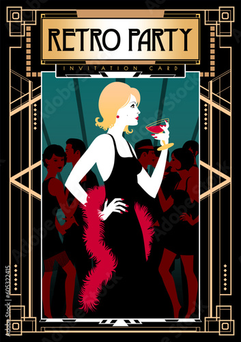 Girl in evening dress with a glass of champagne. Retro party invitation card. Handmade drawing vector illustration. Art Deco style.
