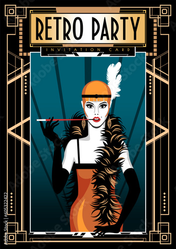 Girl in evening dress with with mouthpiece and cigarette. Retro party invitation card. Handmade drawing vector illustration. Art Deco style.