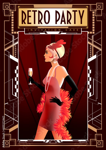 Girl in evening dress with a glass of champagne. Retro party invitation card. Handmade drawing vector illustration. Art Deco style.
