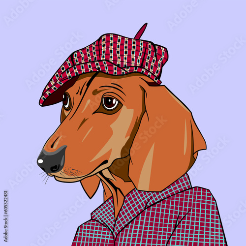 Hipster portrait of a dachshund wearing plaid clothes and a plaid beret. Handmade drawing vector illustration.
