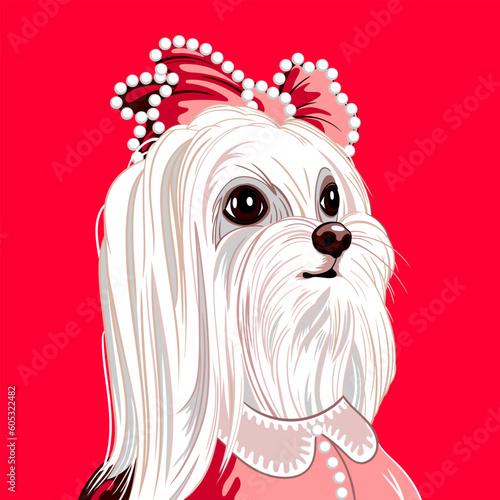 Hipster portrait of a lap dog in a fashionable pink haute couture dress and a bright bow with rhinestones. Handmade drawing vector illustration.