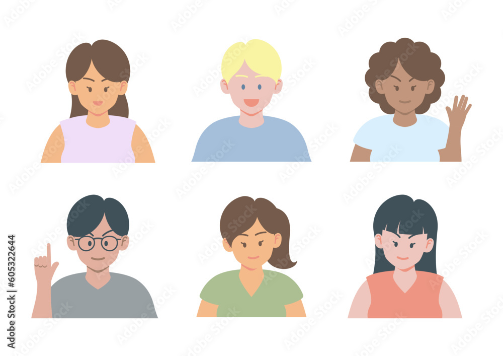 Set of young women and men in casual wear avatars with multiple skin tones, races, hairstyles and gestures in flat cartoon style vector Set of young women and men in casual wear avatars with multiple skin tones, races, hairstyles and gestures in flat cartoon style vector