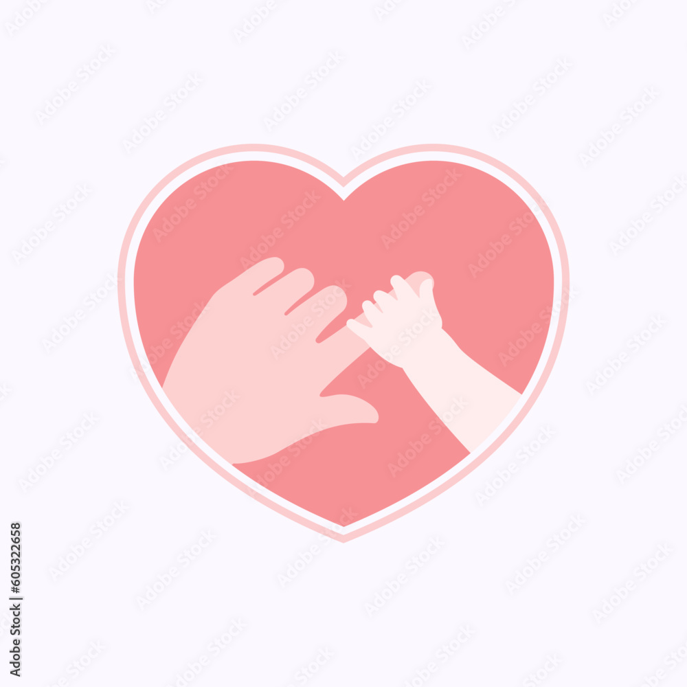 Small hand of baby holding big index finger of mother's hand in pink heart shaped frame flat design vector Small hand of baby holding big index finger of mother's hand in pink heart shaped frame flat design vector