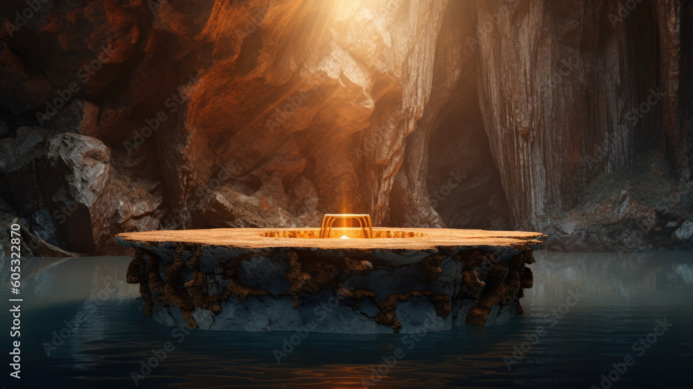 Amazing sunrise at stone podium in cave with water and lights. product display High quality 3d illustration. Fantasy landscape cave abstract. Amazing sunrise at stone podium in cave with water and lights. product display High quality 3d illustration. Fantasy landscape cave abstract.