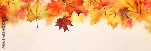 Colorful autumn leaves background. Panoramic format with copyspace for text. AI generative.