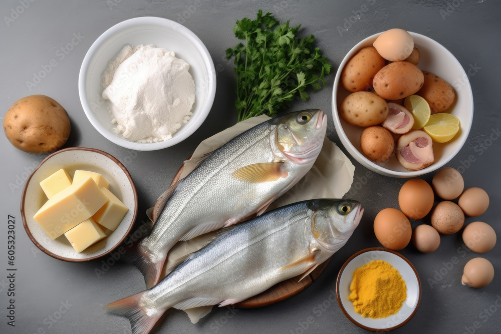 Raw ingredients for cooking traditional fish in batter with potatoes. Generative AI.