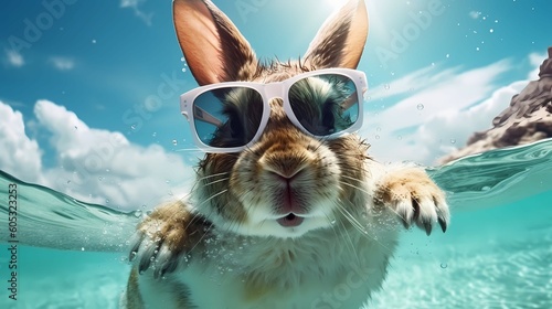 A cute rabbit floating in the ocean. Generative AI © Alex Bur
