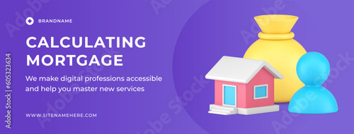 Calculating mortgage rate house investment banking loan service social media banner 3d icon vector
